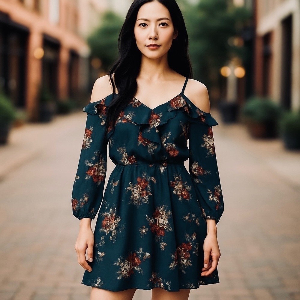 Women's Small Dark Green Floral Cold Shoulder Sheer Sleeve Casual Summer Dress